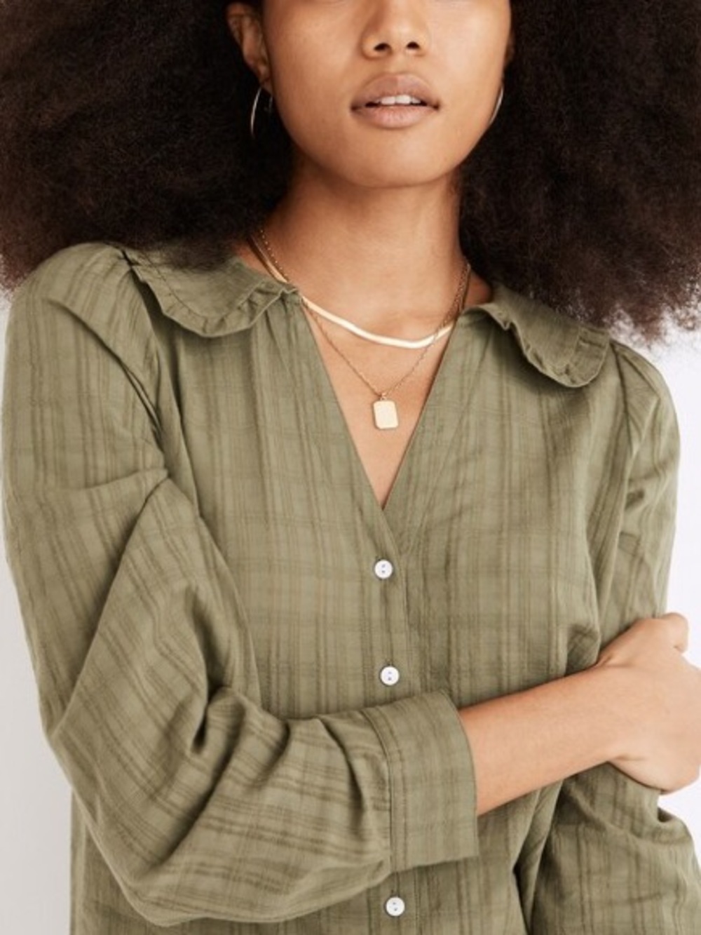 Madewell Ruffle-Collar Button-Up Shirt in
Syril Plaid Green Faded Palm - Picture 6 of 7